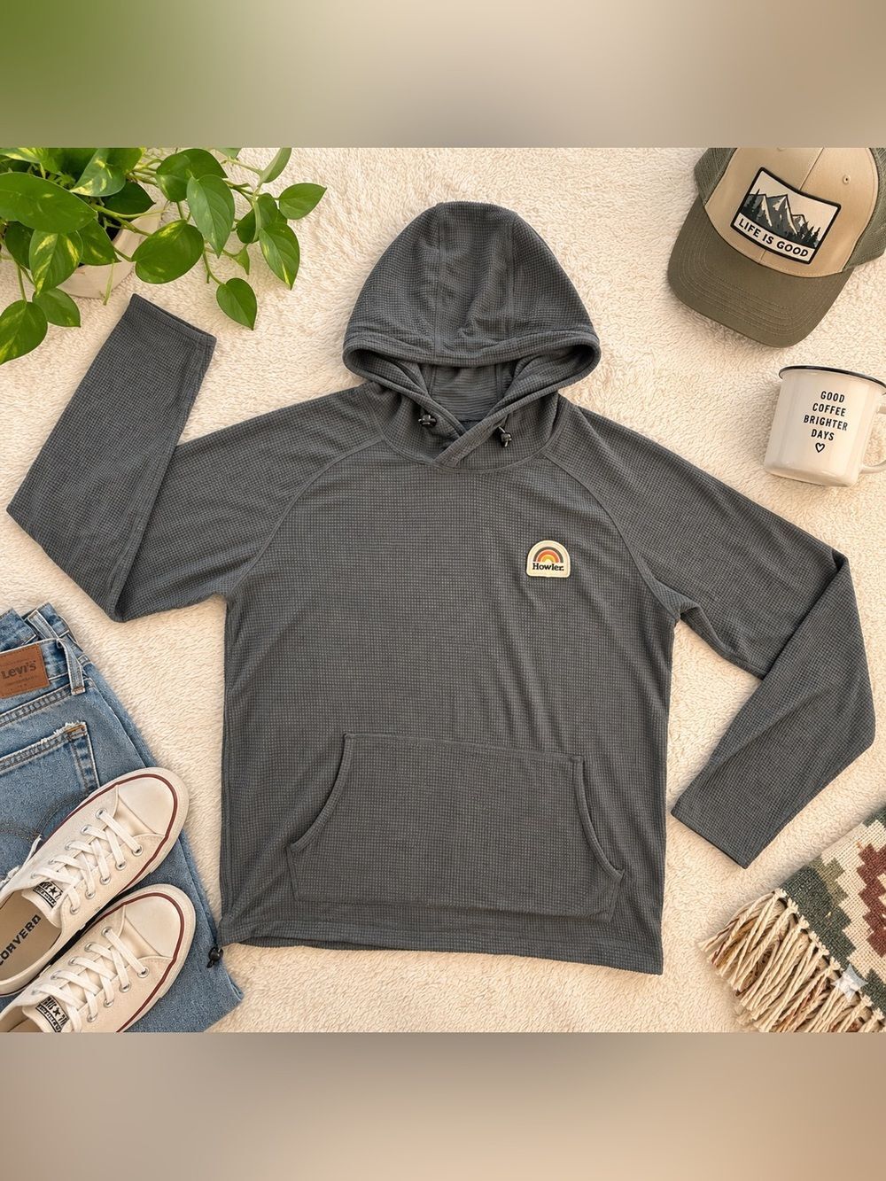 Howler Brothers Palo Duro Grid Fleece Hoodie Gray Waffle Size L